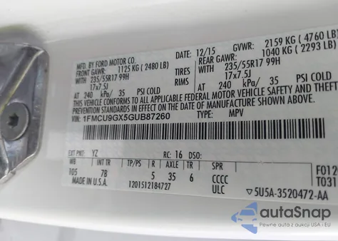 2016 Ford Escape Se из США, поврежденный, VIN 1FMCU9GX5GUB87260